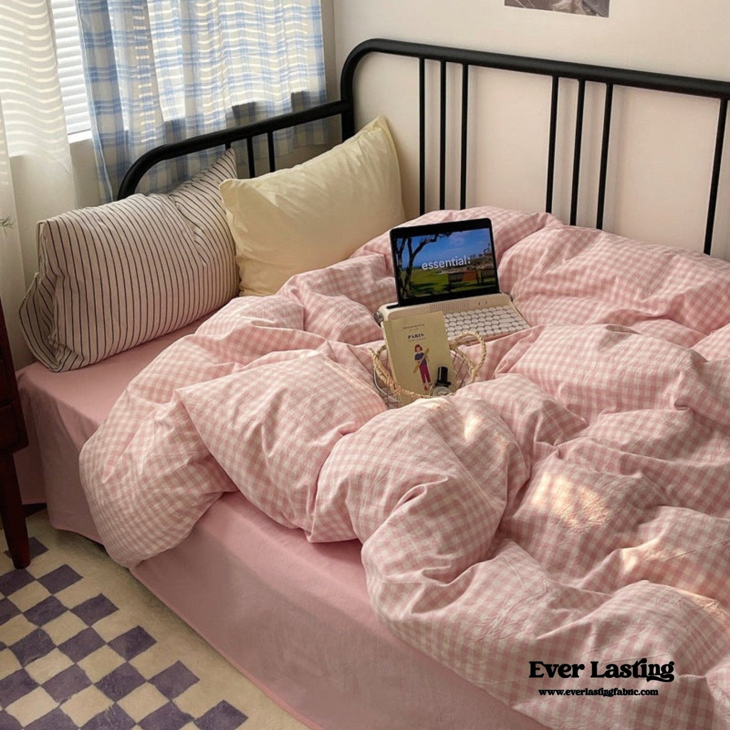 Mixed Gingham Striped Bedding Set / Blue