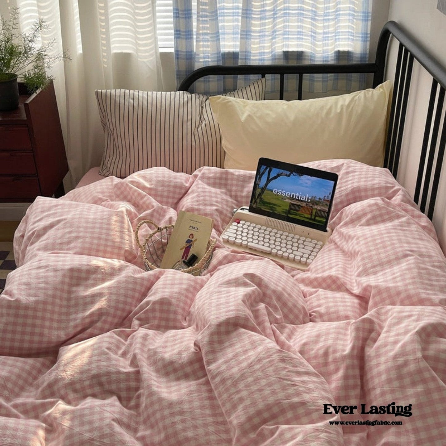 Mixed Gingham Striped Bedding Set / Blue