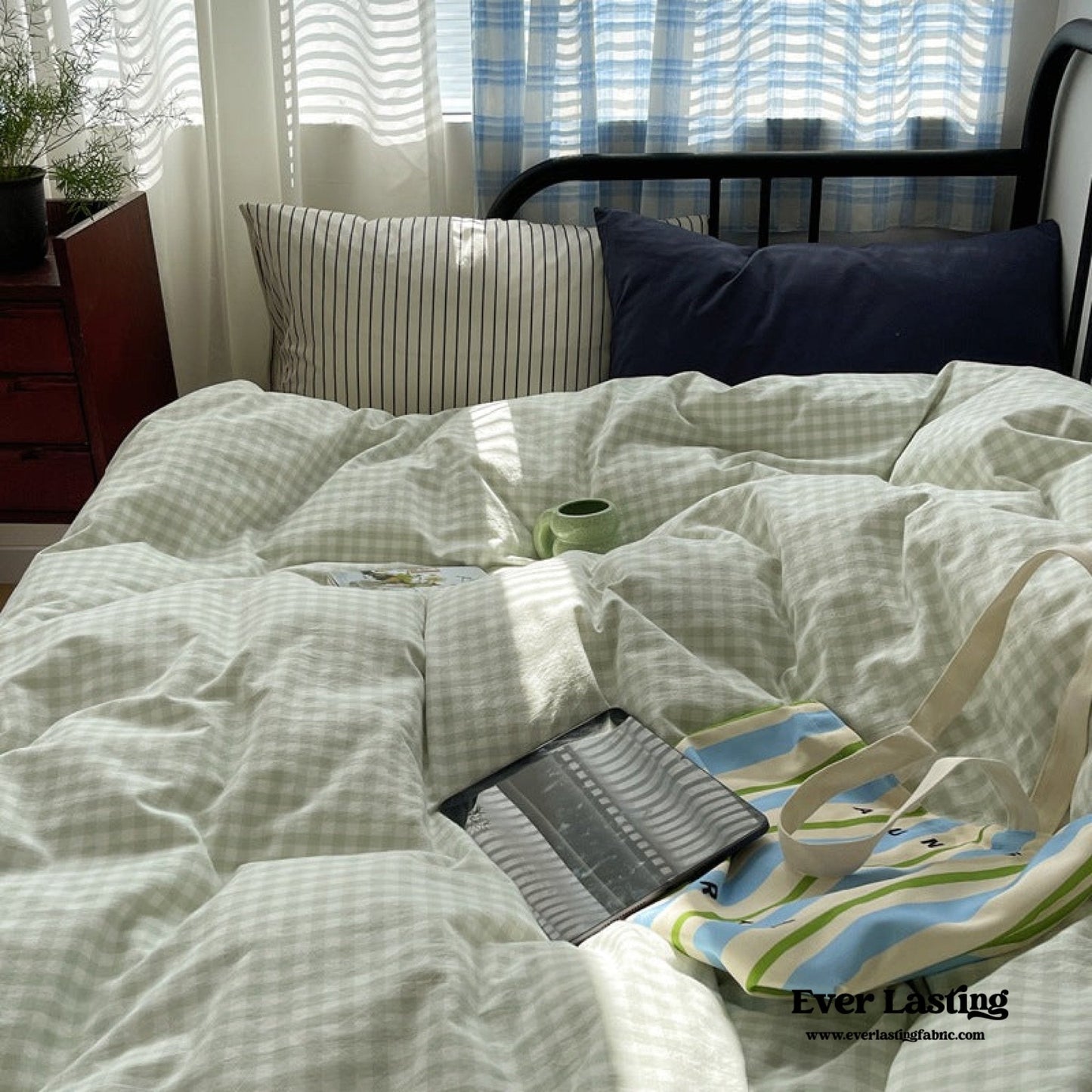 Mixed Gingham Striped Bedding Set / Blue