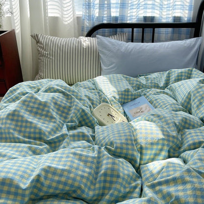 Mixed Gingham Striped Bedding Set / Blue Yellow