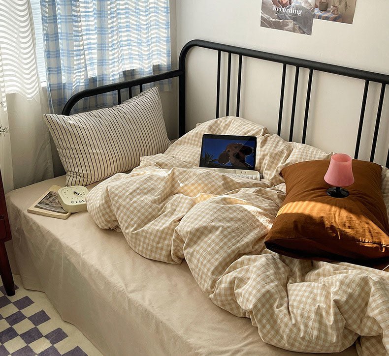 Mixed Gingham Striped Bedding Set / Blue Yellow
