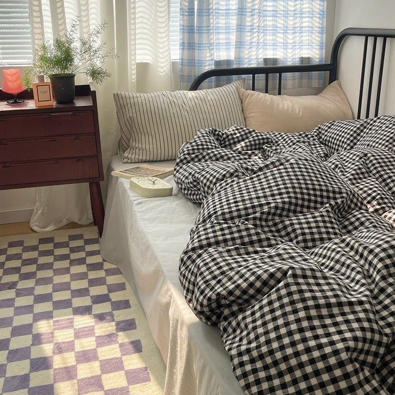 Mixed Gingham Striped Bedding Set / Brown