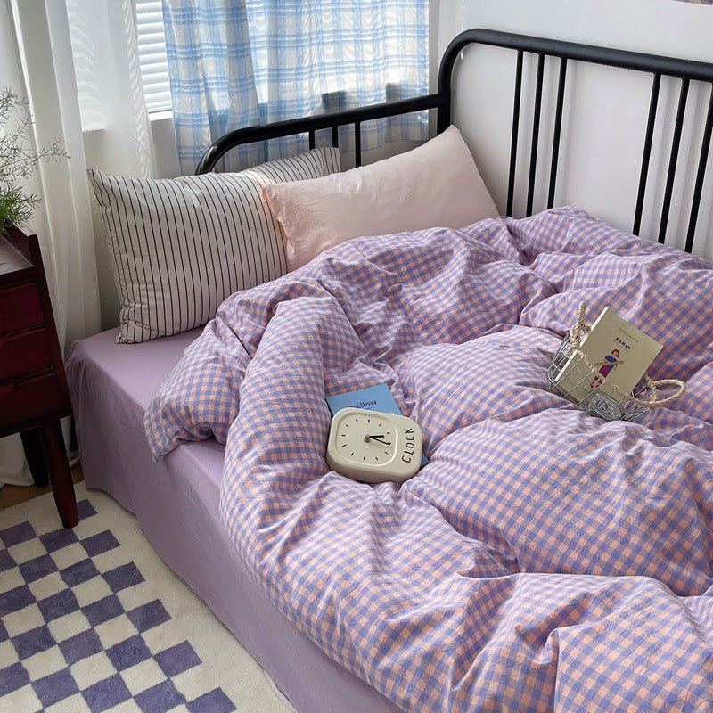 Mixed Gingham Striped Bedding Set / Brown