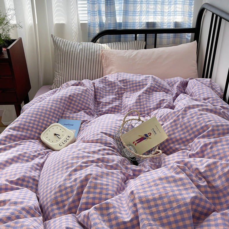 Mixed Gingham Striped Bedding Set / Brown