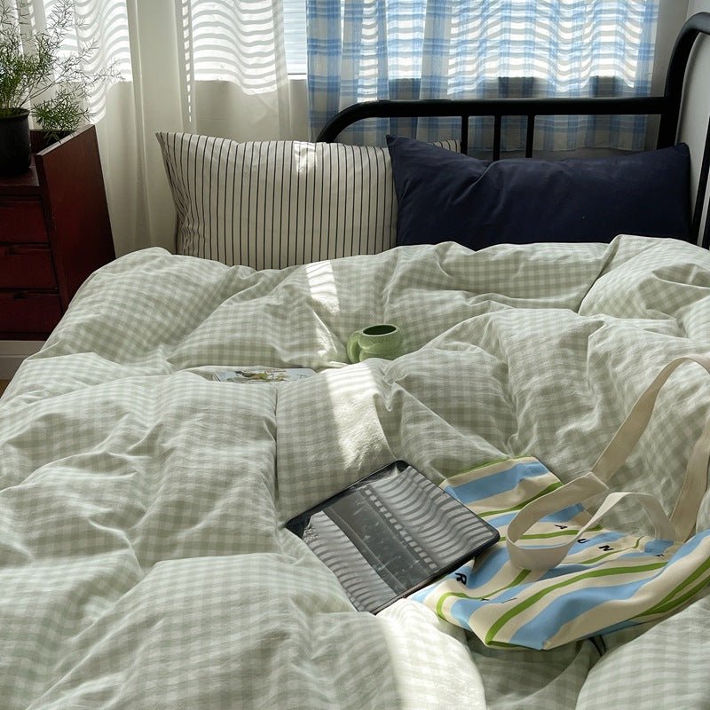 Mixed Gingham Striped Bedding Set / Brown