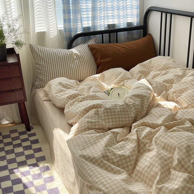 Mixed Gingham Striped Bedding Set / Brown