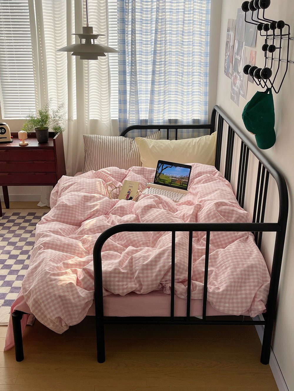 Mixed Gingham Striped Bedding Set / Brown