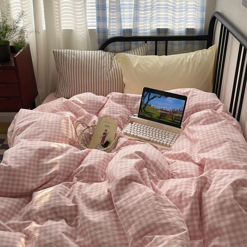 Mixed Gingham Striped Bedding Set / Brown