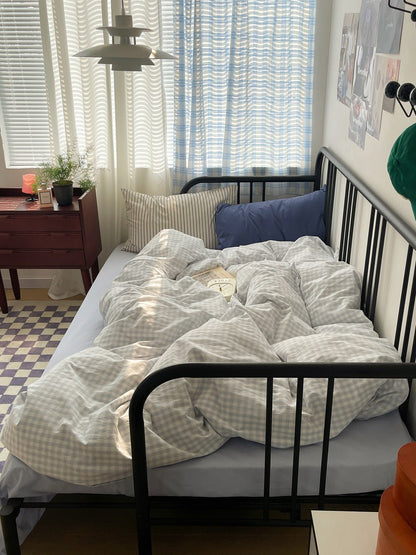 Mixed Gingham Striped Bedding Set / Mint Green