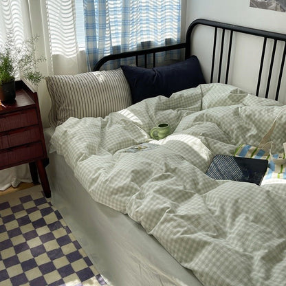 Mixed Gingham Striped Bedding Set / Mint Green