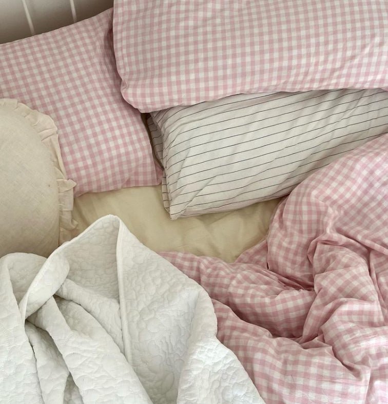 Mixed Gingham Striped Bedding Set / Pink