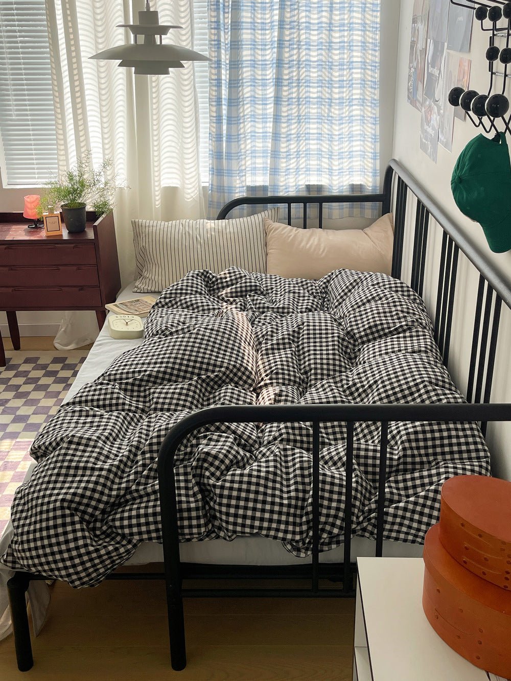 Mixed Gingham Striped Bedding Set / Purple Pink