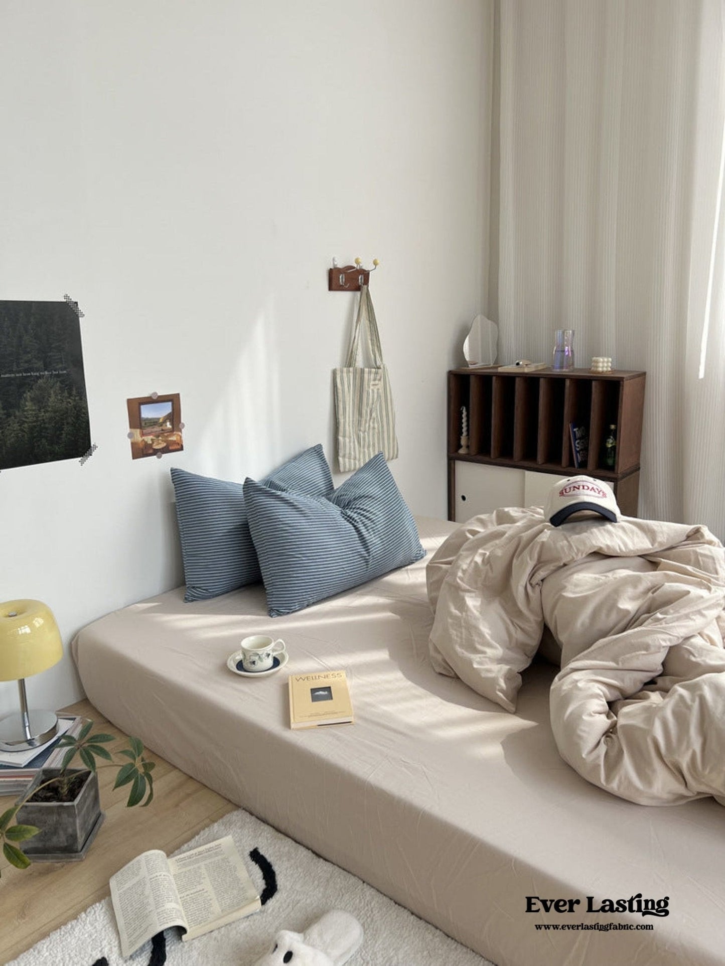 Mixed Stripe Washed Cotton Bedding Set / Blue + Cream
