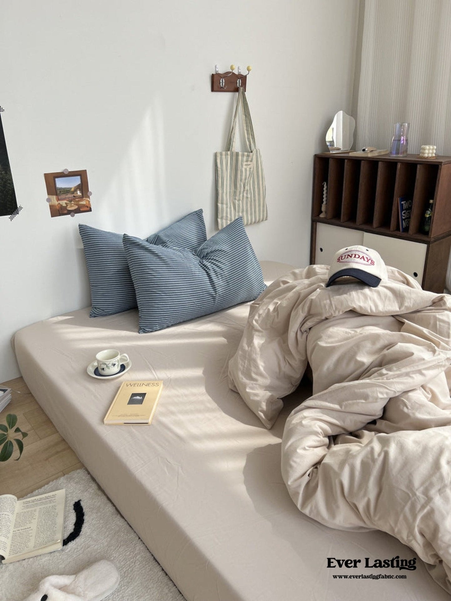 Mixed Stripe Washed Cotton Bedding Set / Blue + Cream