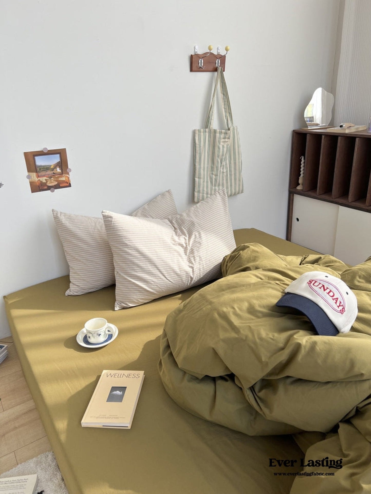 Mixed Stripe Washed Cotton Bedding Set / Blue + Cream
