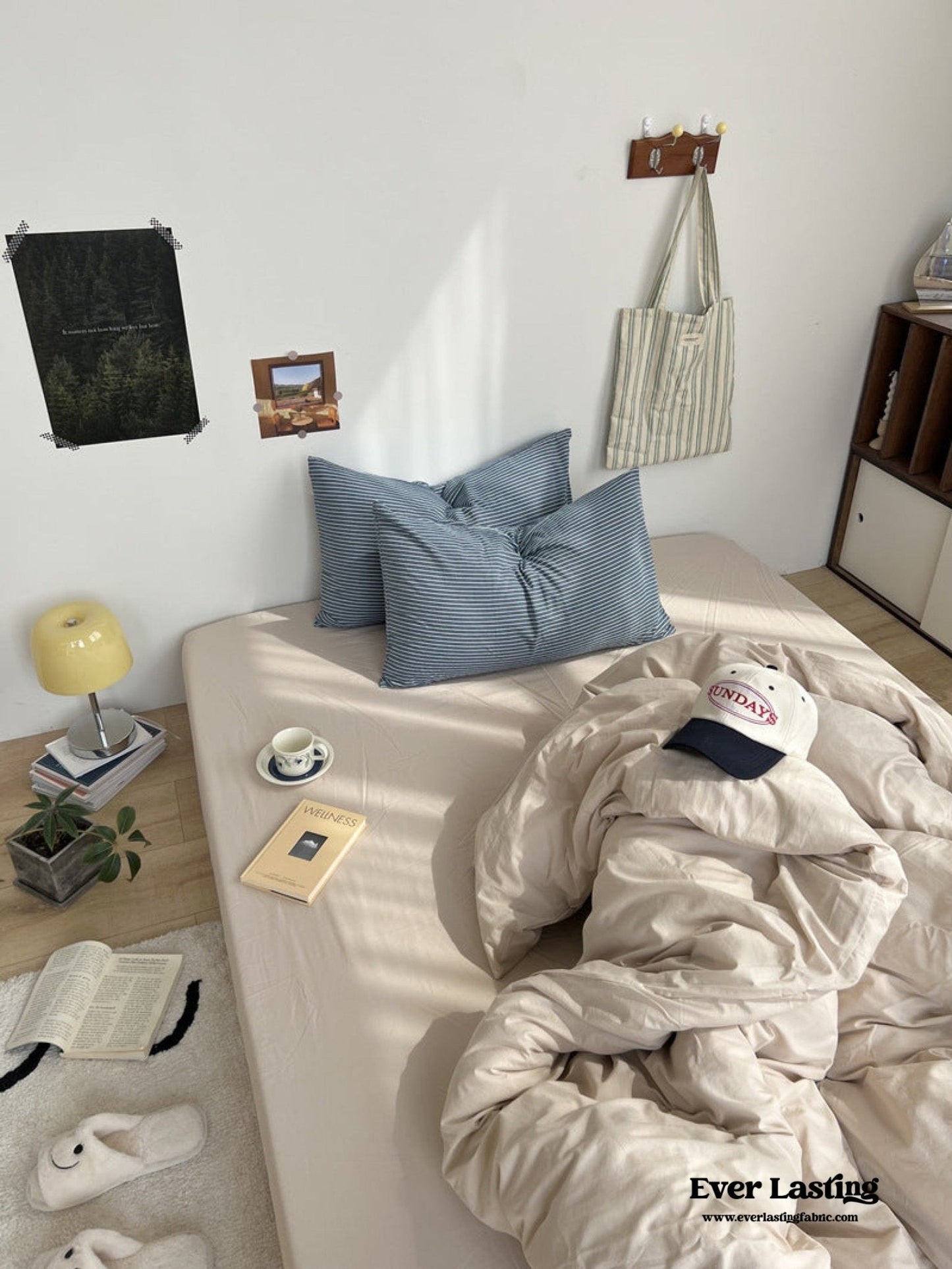 Mixed Stripe Washed Cotton Bedding Set / Blue + Cream