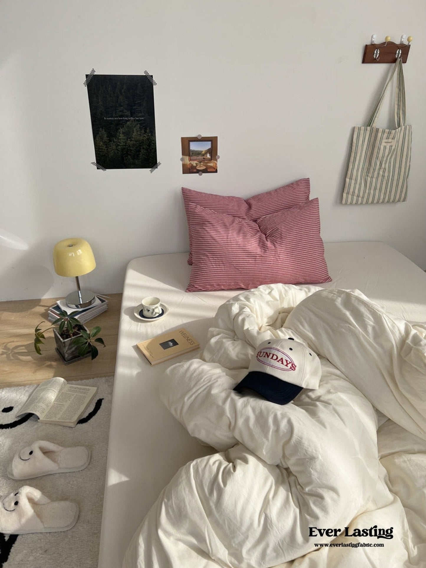 Mixed Stripe Washed Cotton Bedding Set / Blue + Cream