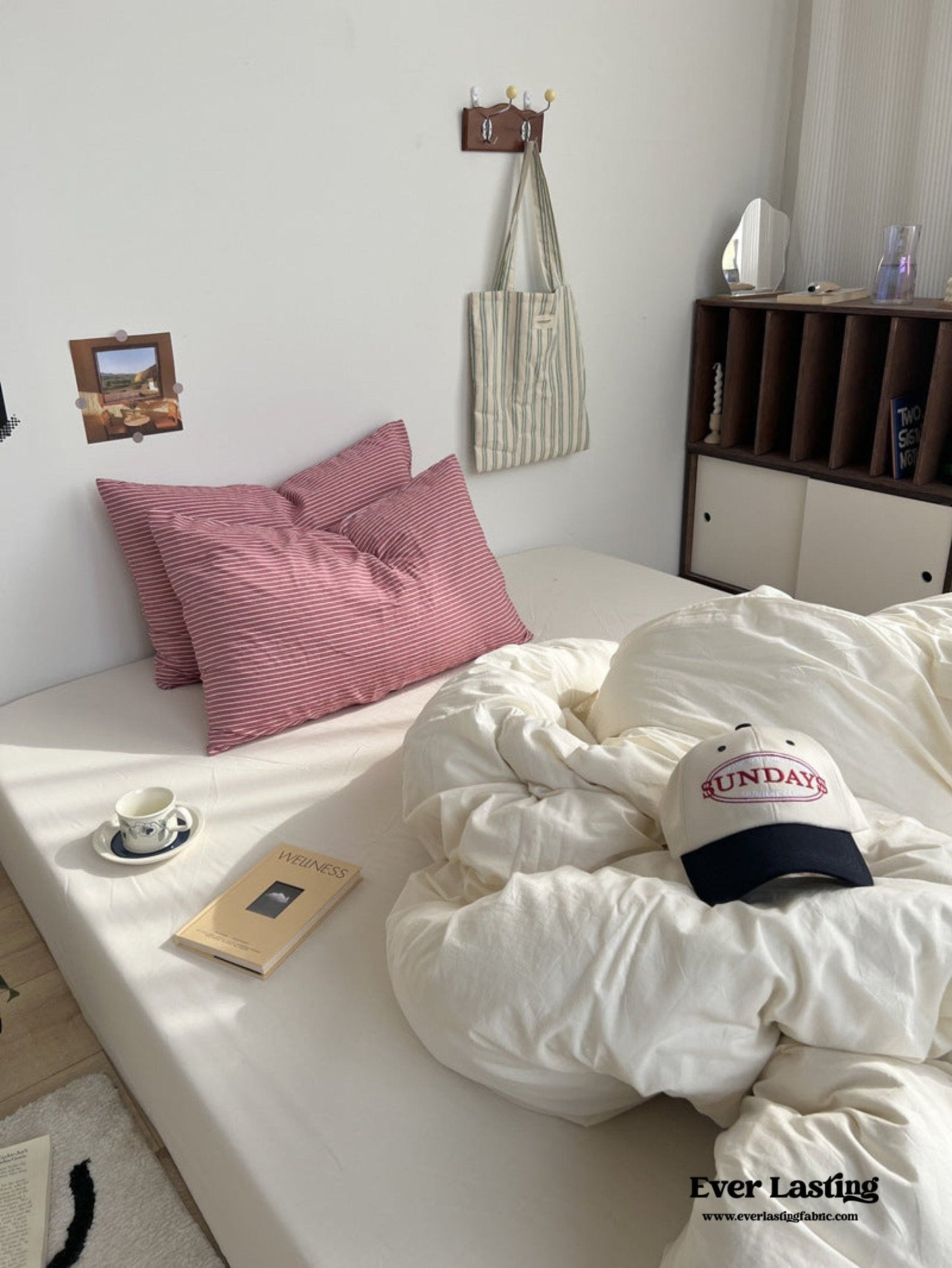Mixed Stripe Washed Cotton Bedding Set / Blue + Cream