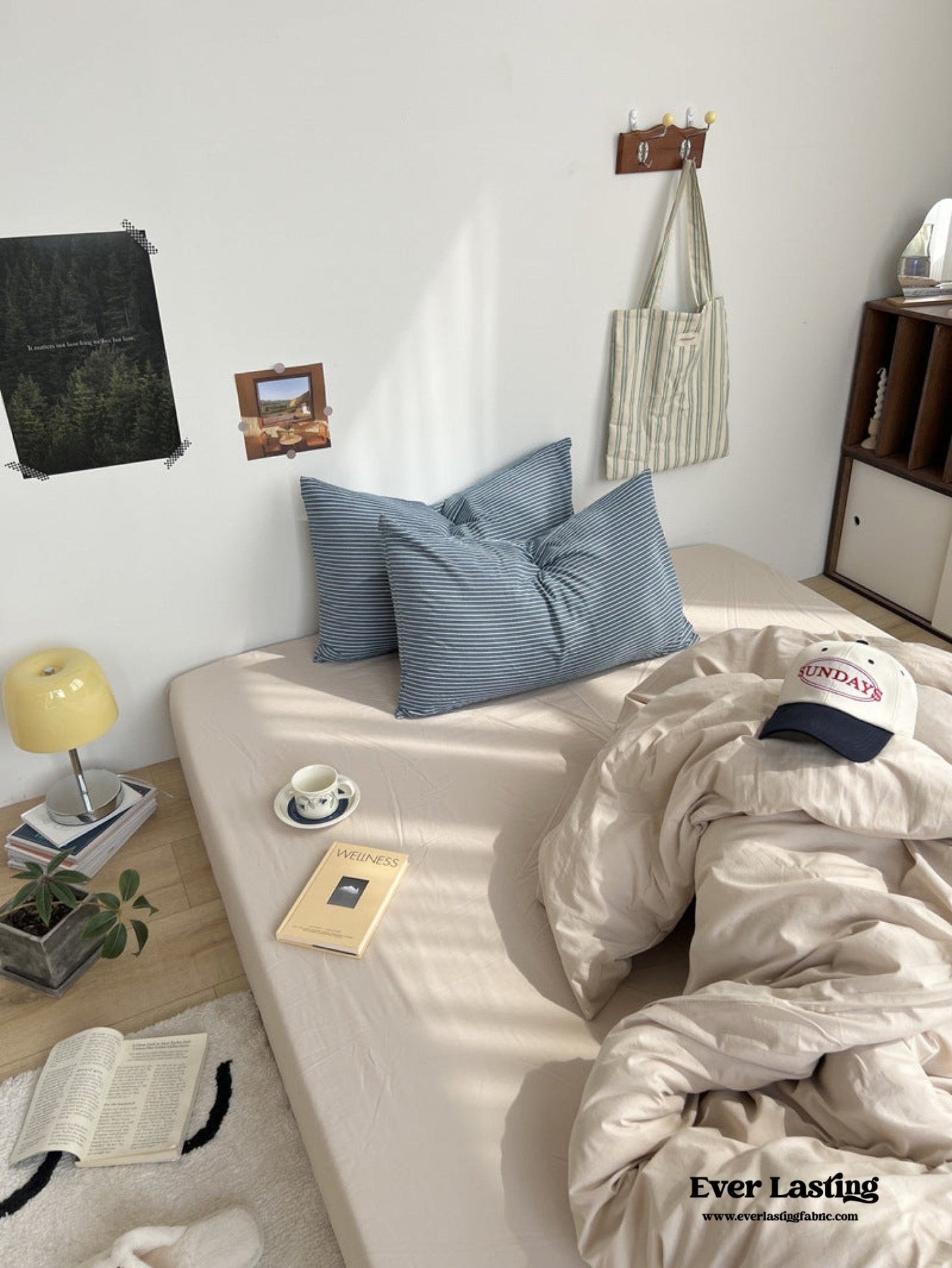 Mixed Stripe Washed Cotton Bedding Set / White + Red