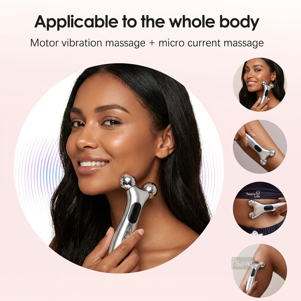 Silver Ergonomic EMS Microcurrent Facial Roller | Intelligent Pulse Face Slimming & Sculpting Device for Skin Tightening