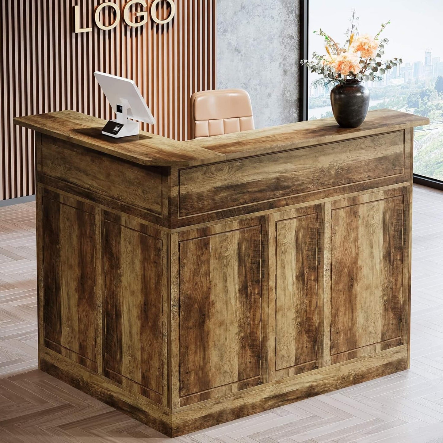 Velmor Modern L-Shaped Reception Desk With Storage Shelves (SAK81036)