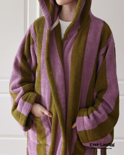 Modern Striped Cotton Bathrobe Set / Blue