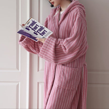 Modern Striped Cotton Bathrobe Set / Blue
