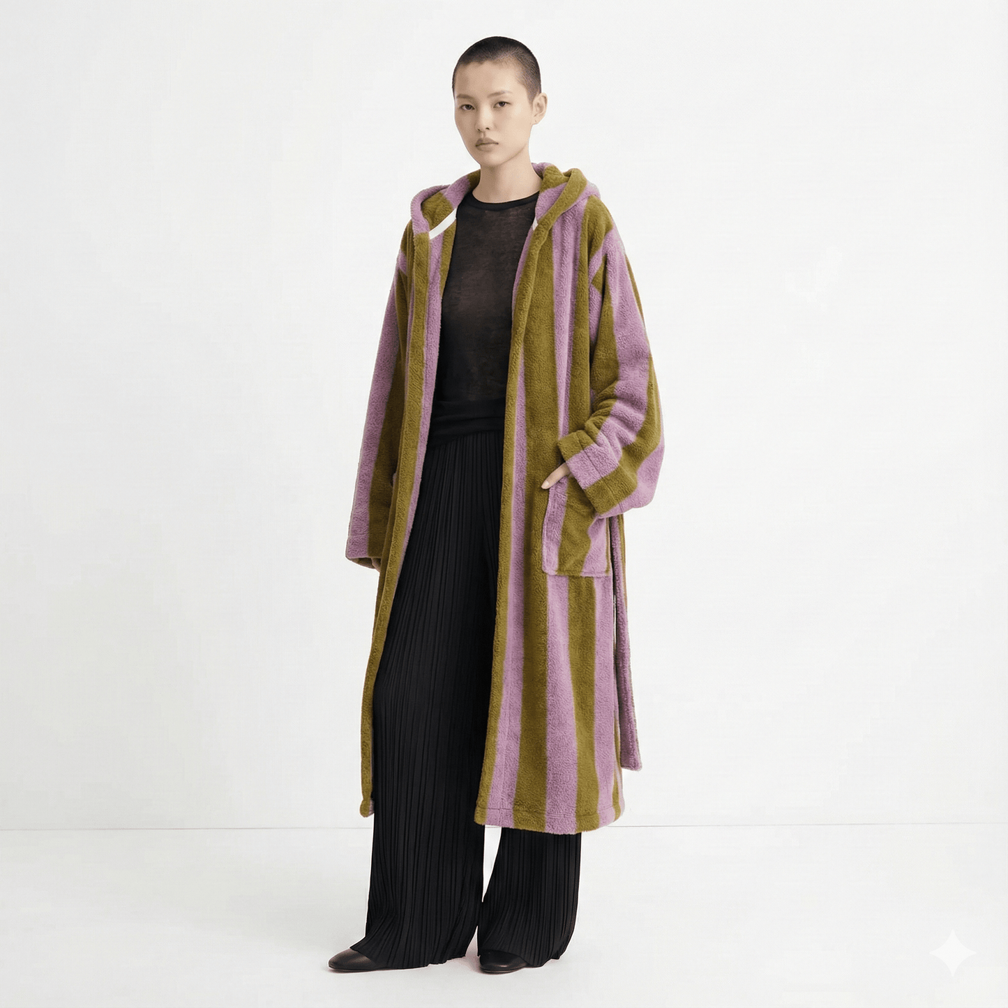 Modern Striped Cotton Bathrobe Set / Purple