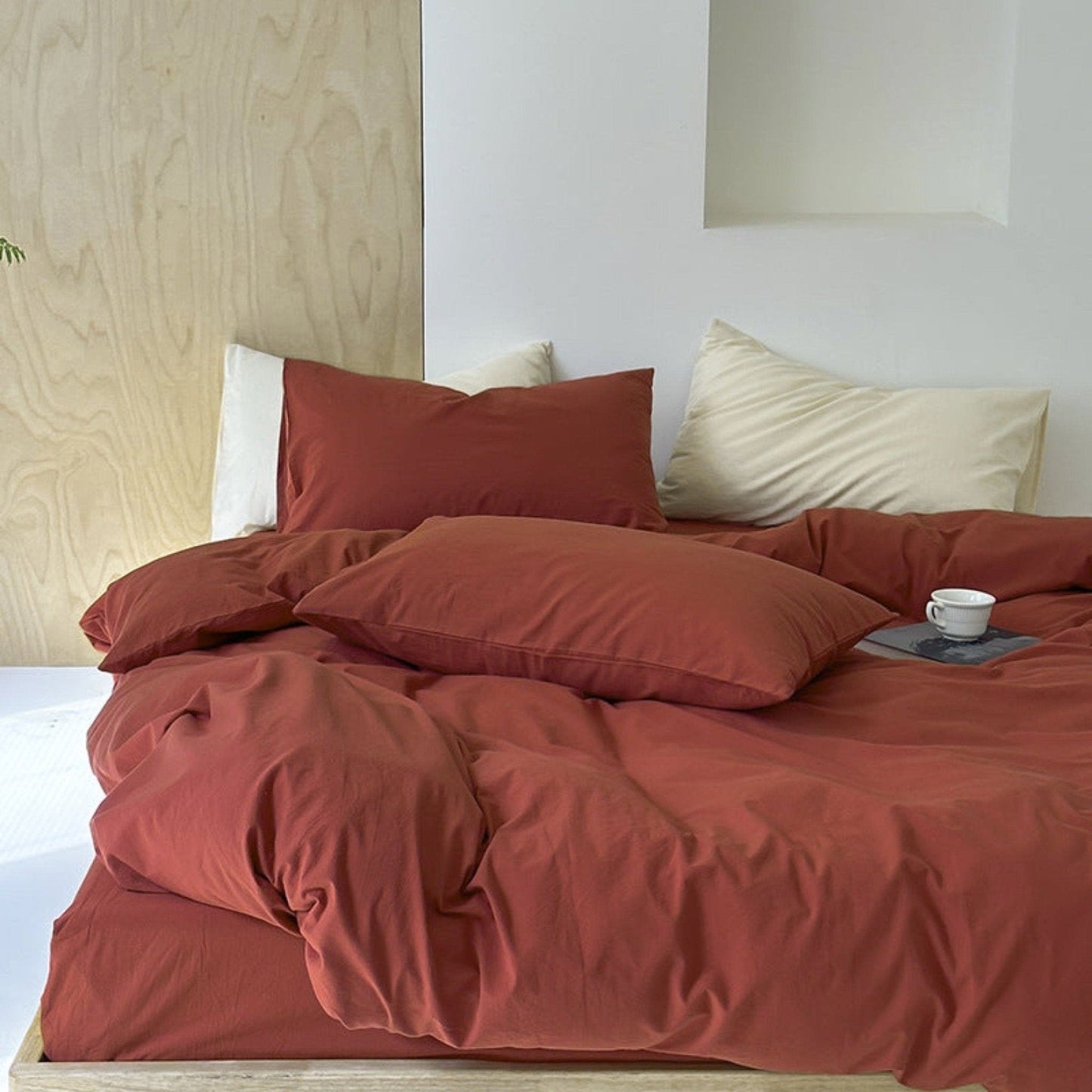Modern Washed Cotton Bedding Set / Maple Red