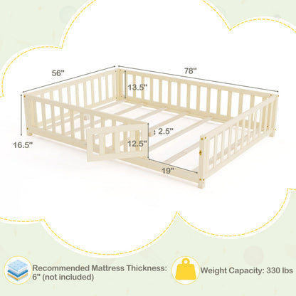 Montessori Bed Frame with Full-length Guardrails Safety Door and Latch-Natural