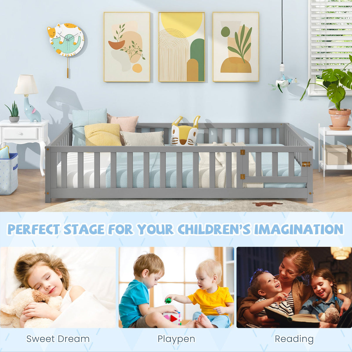 Montessori Bed Frame with Full-length Guardrails Safety Door and Latch-Gray
