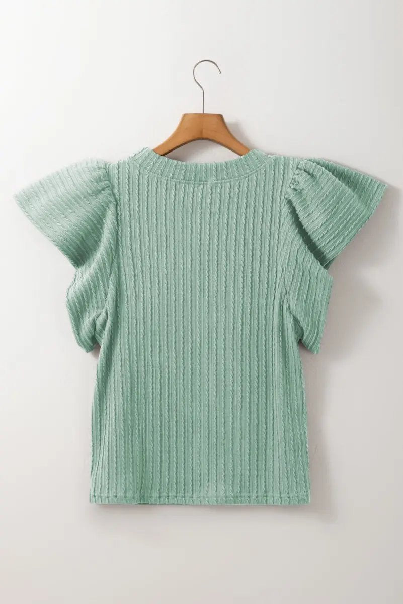 Accessories Love Salve Green Textured Top Women's Daily Wear Flutter Sleeve Blouse - Summer Ready