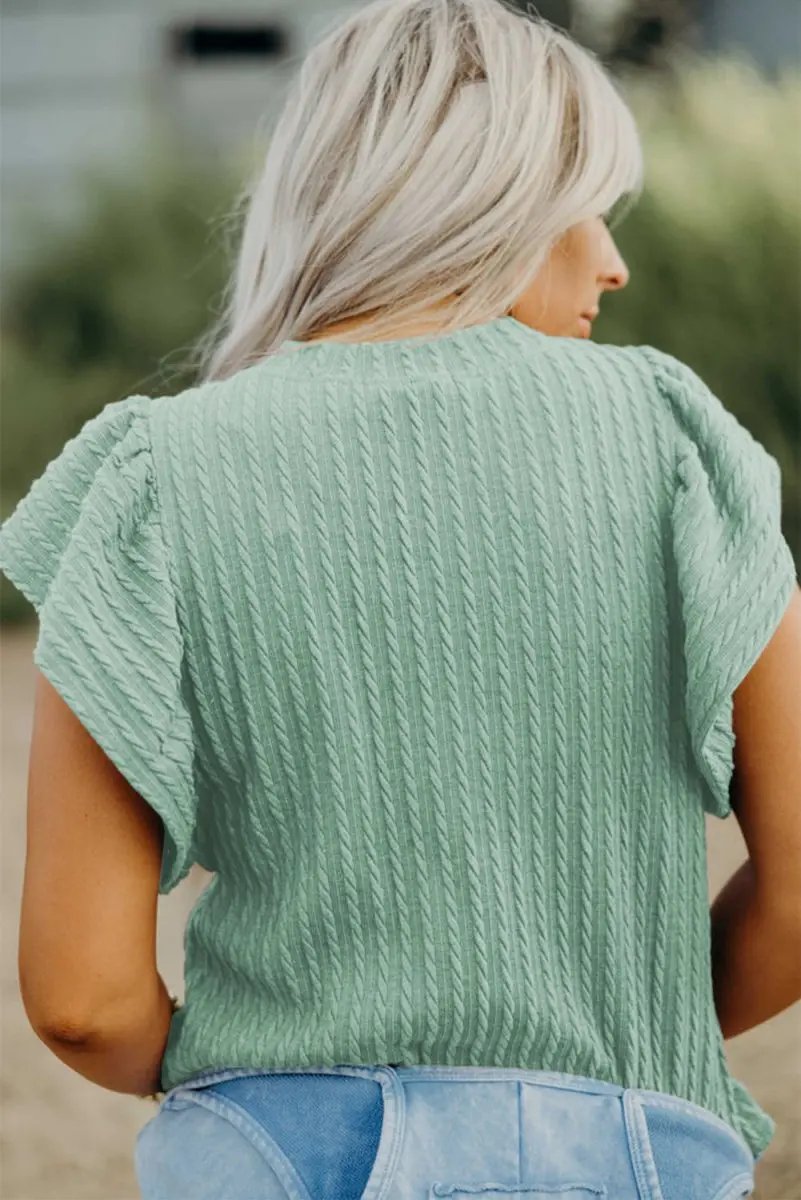 Accessories Love Salve Green Textured Top Women's Daily Wear Flutter Sleeve Blouse - Summer Ready