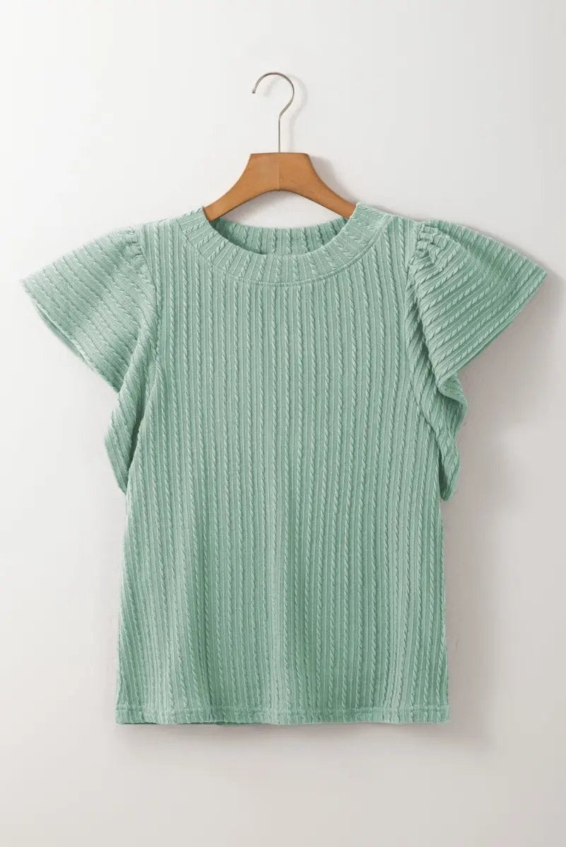 Accessories Love Salve Green Textured Top Women's Daily Wear Flutter Sleeve Blouse - Summer Ready