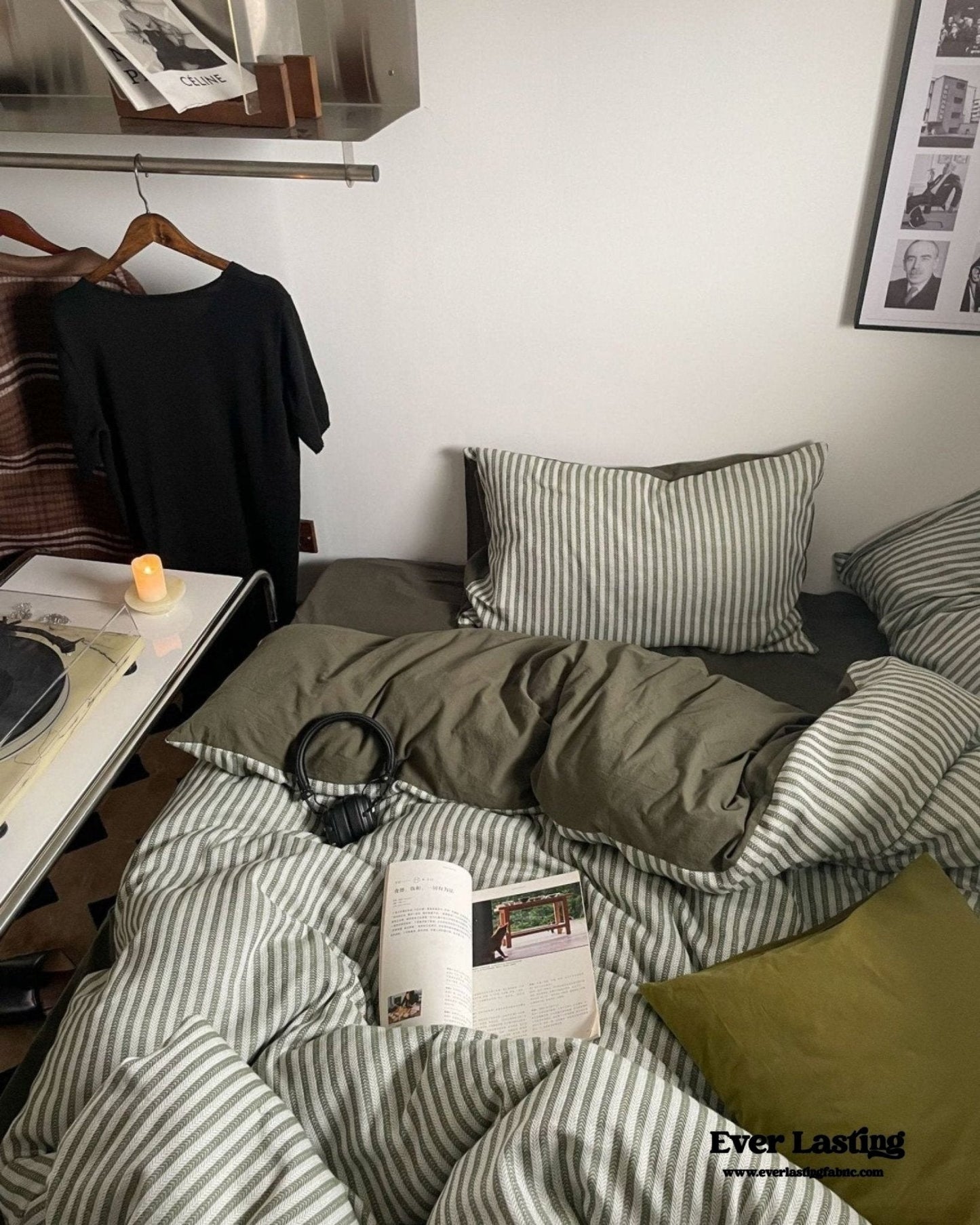Moss Green Striped Jacquard Bedding Set