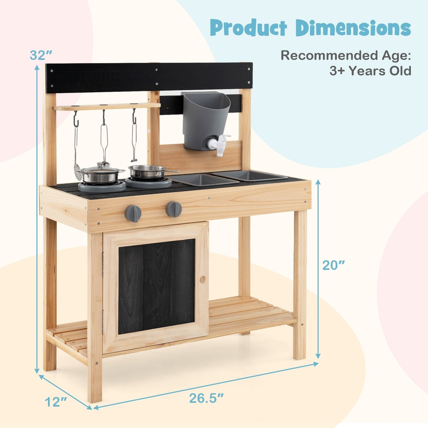 Mud Kitchen Playset Kids Play Kitchen Outdoor with 2 Removable Sinks-Natural