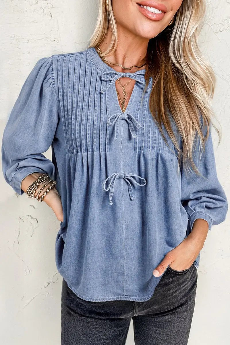 Accessories Love Salve Denim Top Women's Daily Wear Blouse Pintuck Bow Puff Sleeve Spring