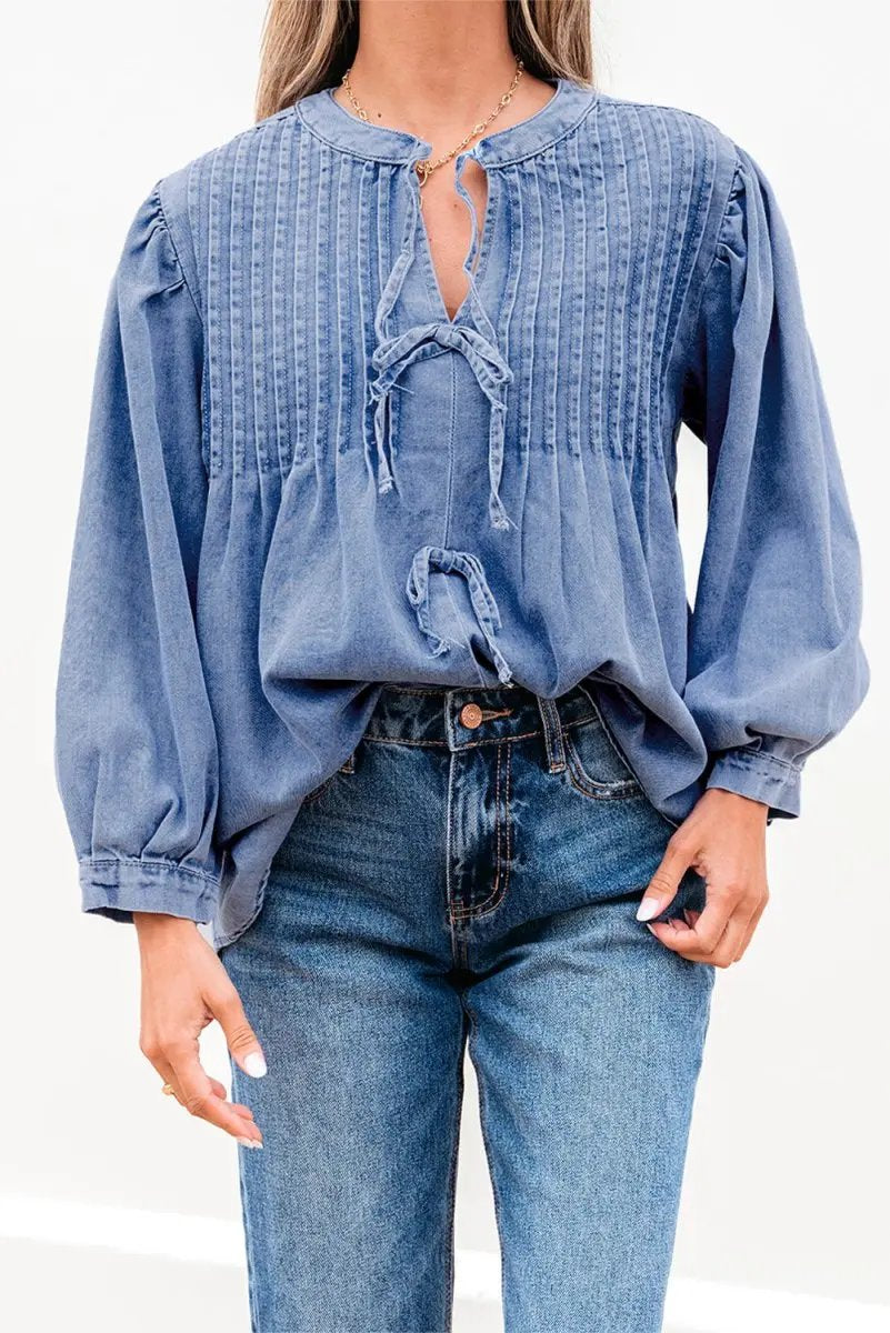 Accessories Love Salve Denim Top Women's Daily Wear Blouse Pintuck Bow Puff Sleeve Spring