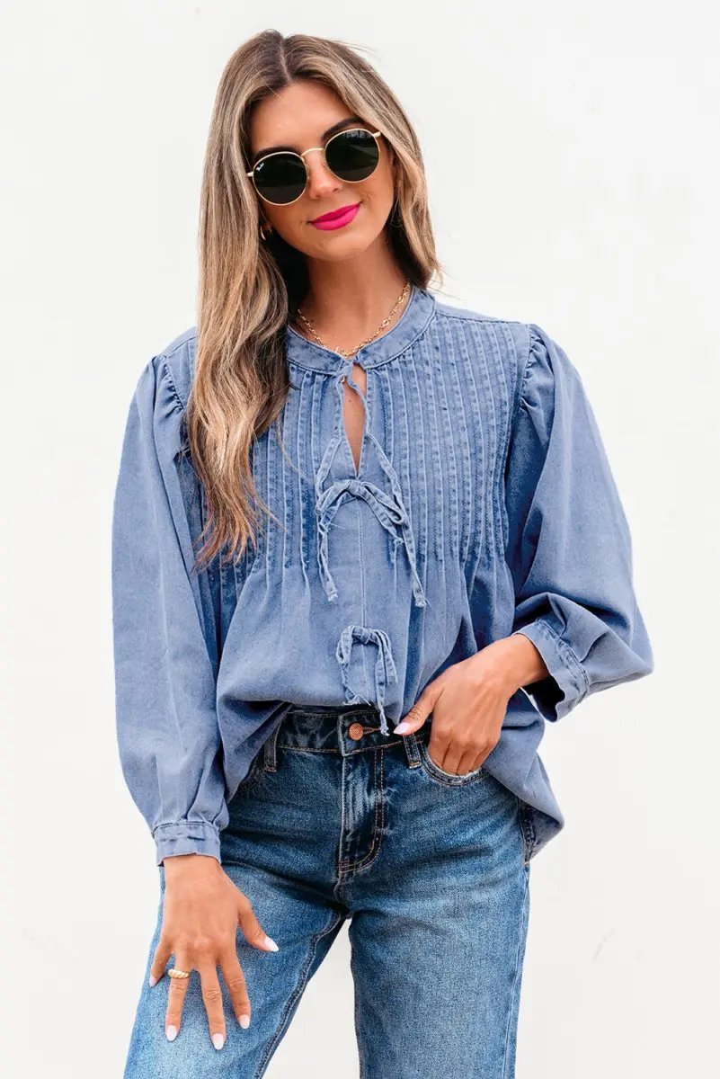 Accessories Love Salve Denim Top Women's Daily Wear Blouse Pintuck Bow Puff Sleeve Spring