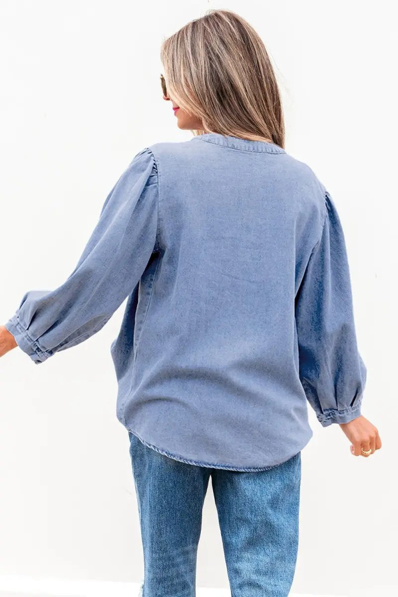 Accessories Love Salve Denim Top Women's Daily Wear Blouse Pintuck Bow Puff Sleeve Spring