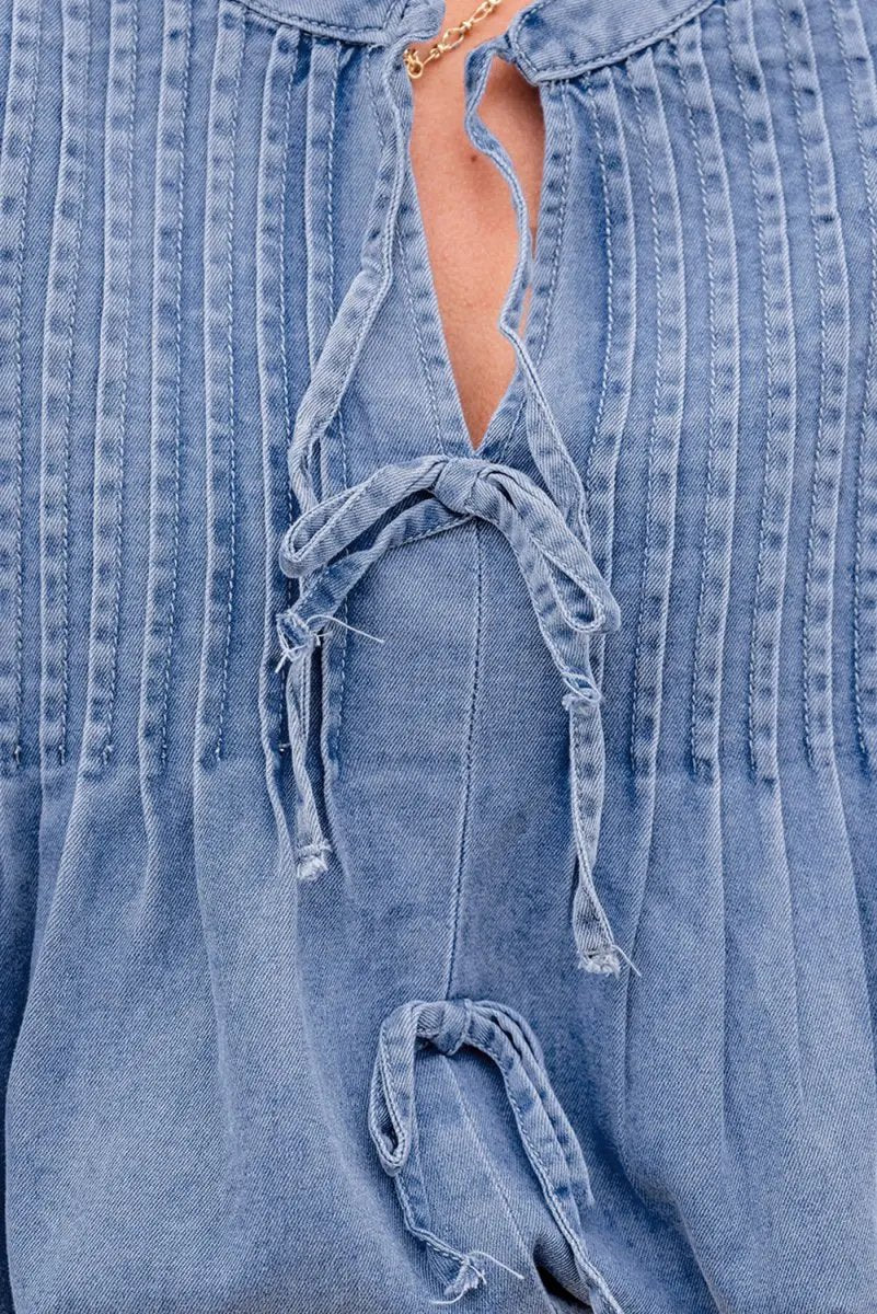 Accessories Love Salve Denim Top Women's Daily Wear Blouse Pintuck Bow Puff Sleeve Spring