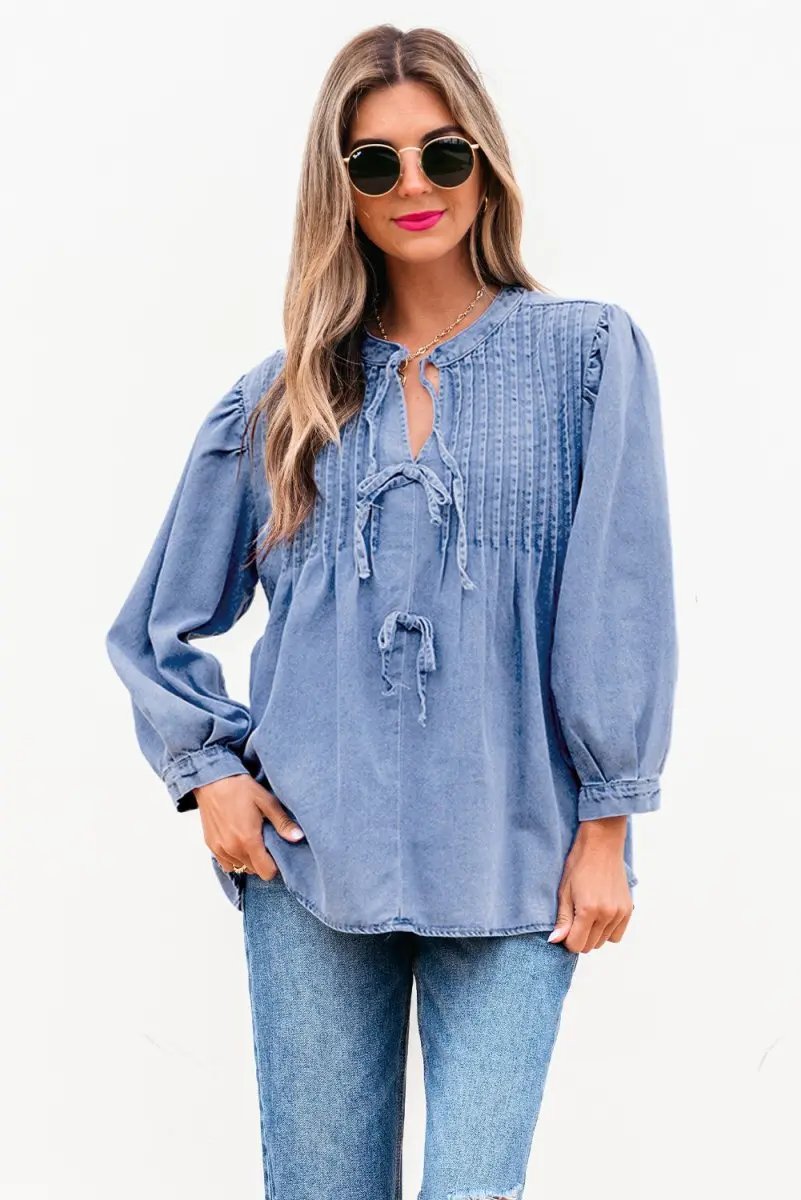 Accessories Love Salve Denim Top Women's Daily Wear Blouse Pintuck Bow Puff Sleeve Spring