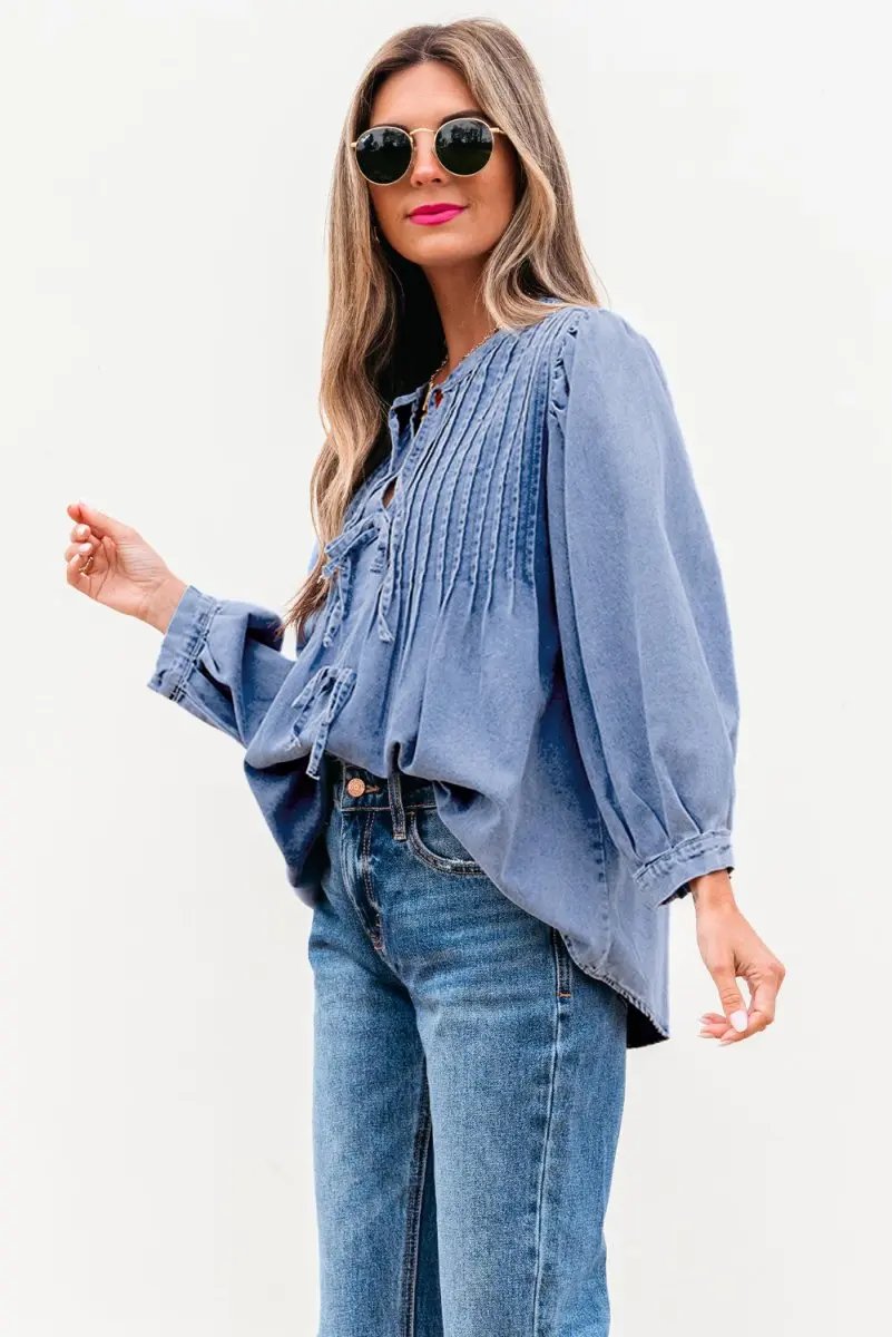 Accessories Love Salve Denim Top Women's Daily Wear Blouse Pintuck Bow Puff Sleeve Spring
