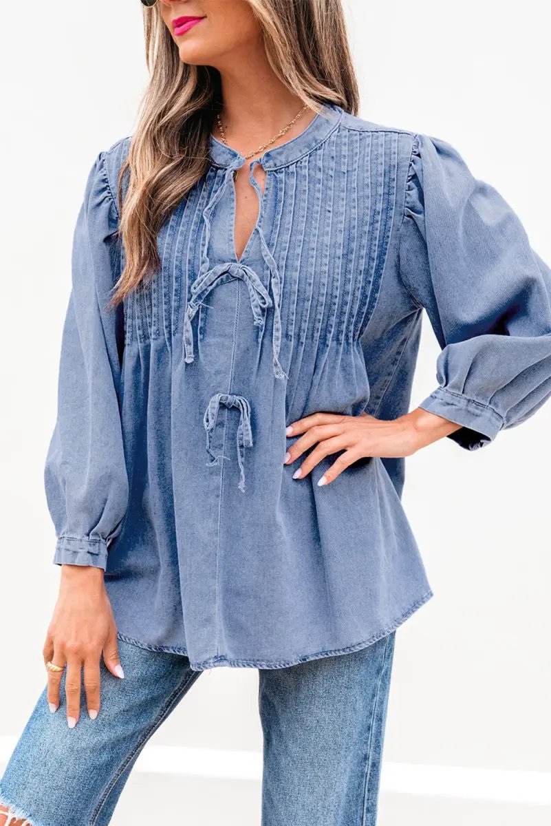 Accessories Love Salve Denim Top Women's Daily Wear Blouse Pintuck Bow Puff Sleeve Spring