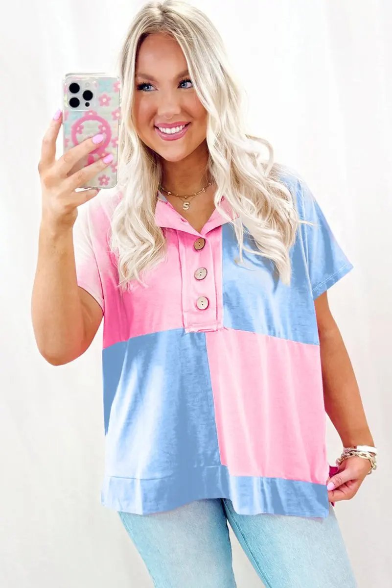 Accessories Love Salve Two-Tone Collared T-Shirt Women's Daily Casual Top - Half Button, Color Block