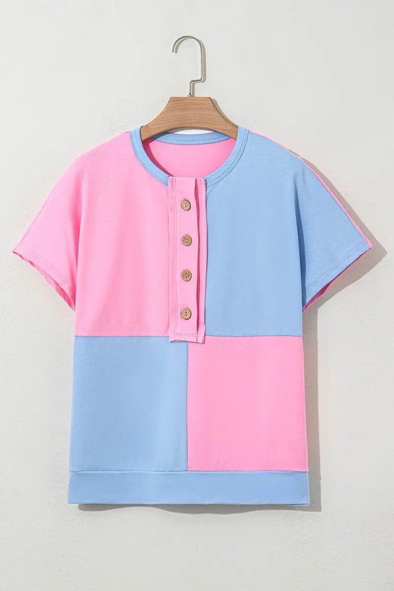 Accessories Love Salve Two-Tone Collared T-Shirt Women's Daily Casual Top - Half Button, Color Block