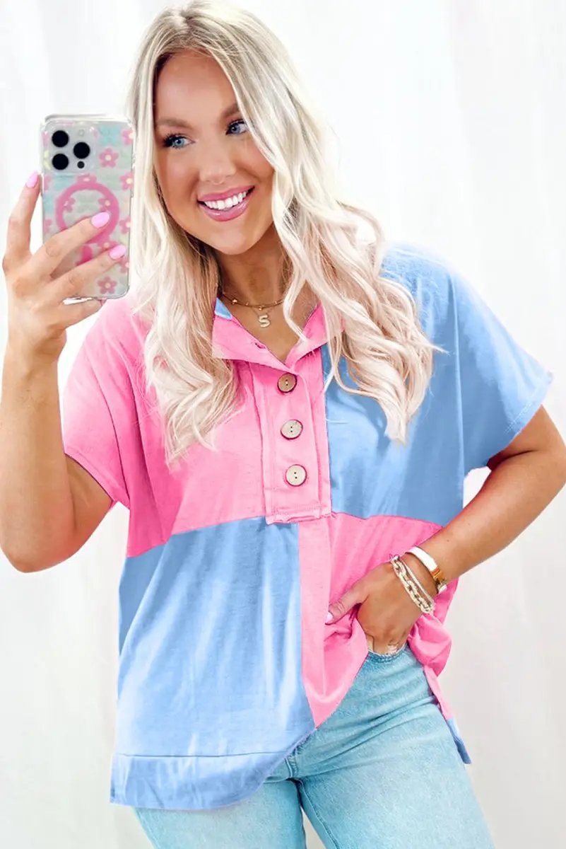 Accessories Love Salve Two-Tone Collared T-Shirt Women's Daily Casual Top - Half Button, Color Block
