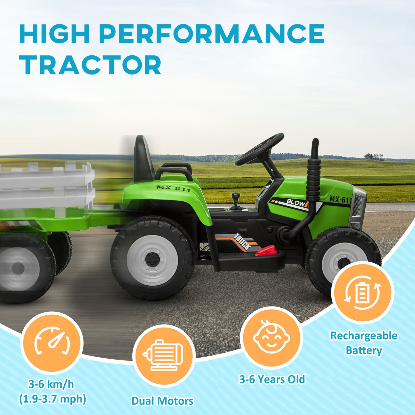 12V Electric Tractor with Trailer and Dual Motors for Kids