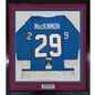 Framed Autographed/Signed Nathan MacKinnon 35x39 Colorado Blue Hockey Jersey JSA COA
