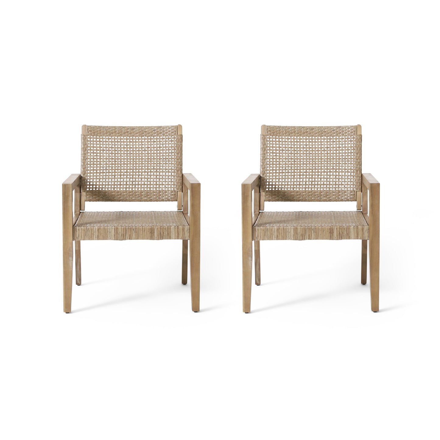 Outdoor Wicker and Acacia Wood Club Chairs - Set of 2